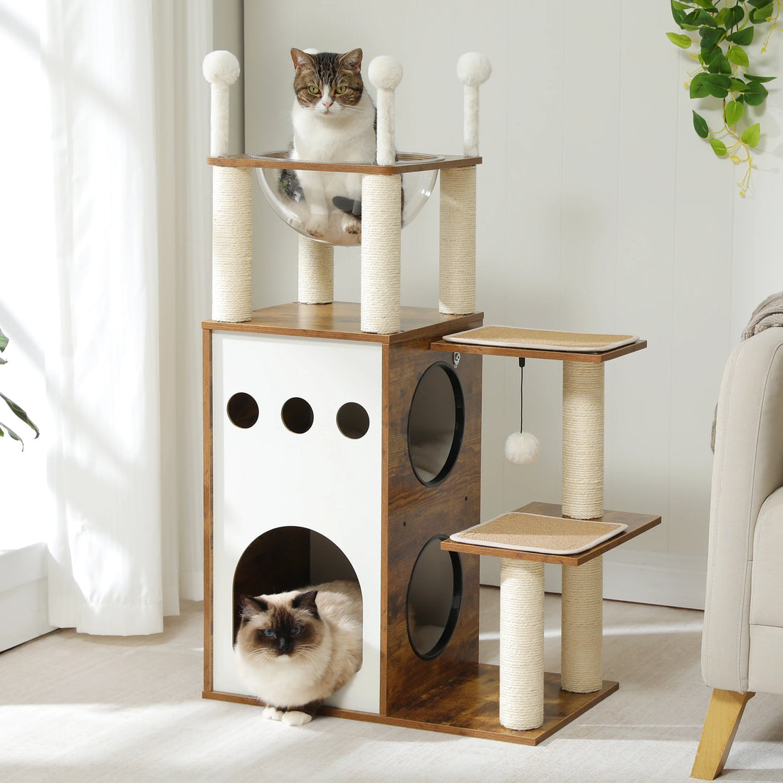 Happy Paw Pals™ Modern Cat Tree Wooden Cat Tower with 2-Floor Condo Cat Furniture