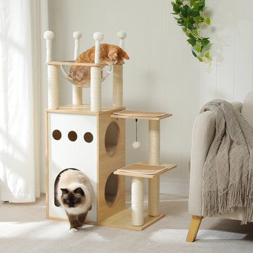 Happy Paw Pals™ Modern Cat Tree Wooden Cat Tower with 2-Floor Condo Cat Furniture